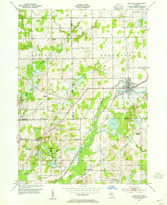 Classic USGS Bellevue Michigan 7.5'x7.5' Topo Map Image