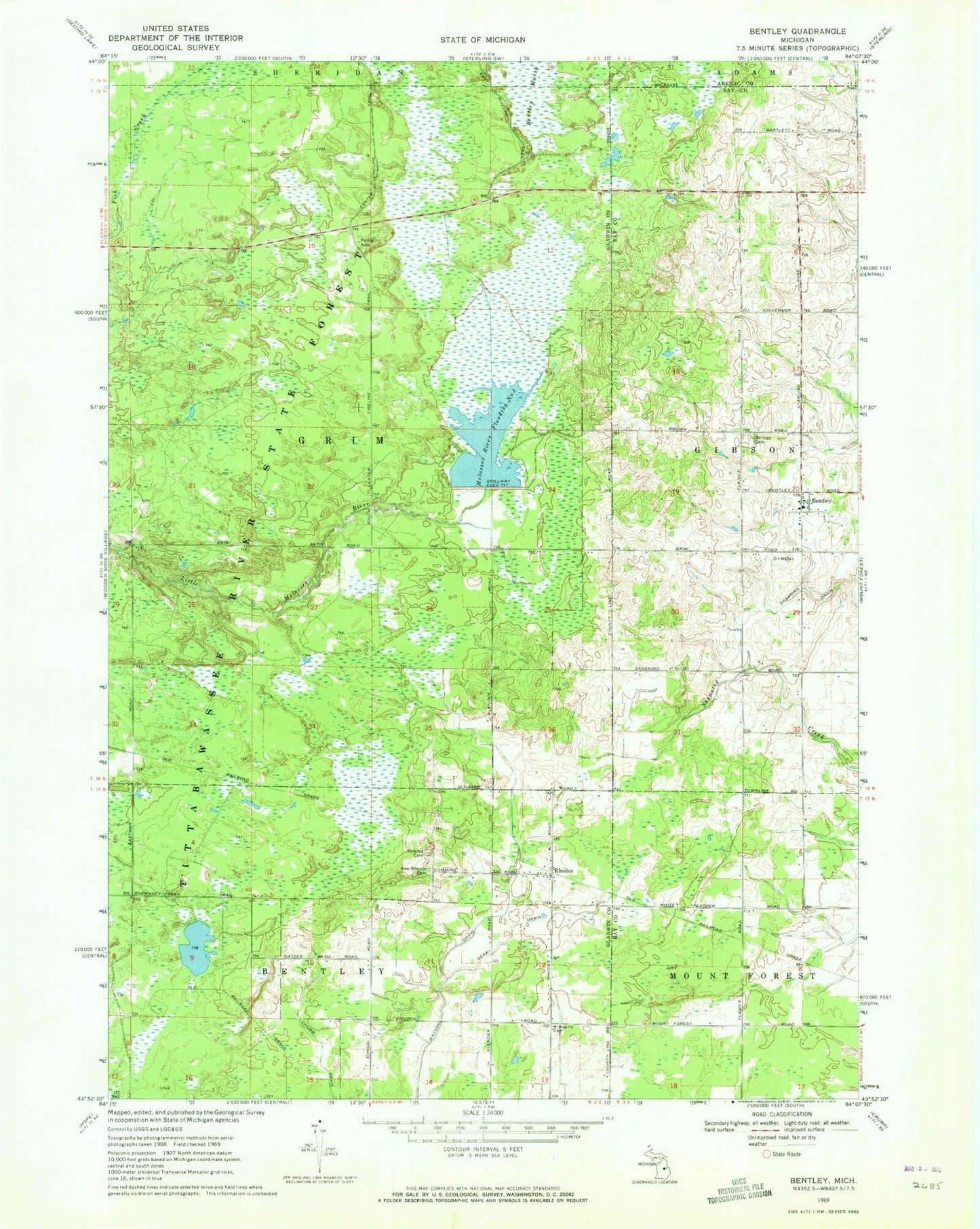 Classic USGS Bentley Michigan 7.5'x7.5' Topo Map Image