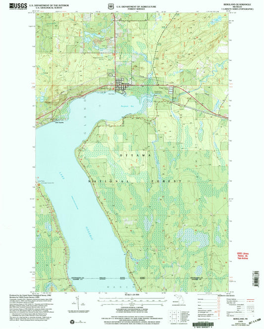 Classic USGS Bergland Michigan 7.5'x7.5' Topo Map Image