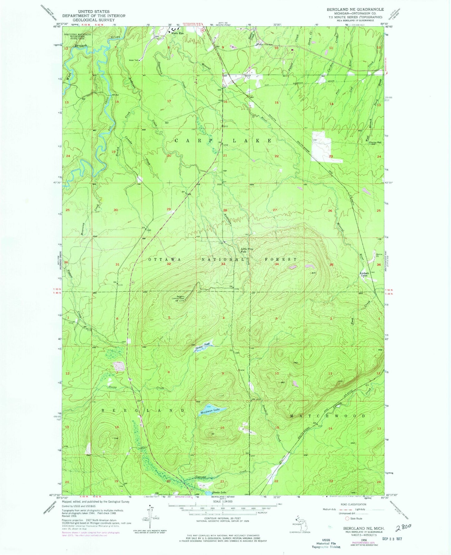 Classic USGS Bergland NE Michigan 7.5'x7.5' Topo Map Image