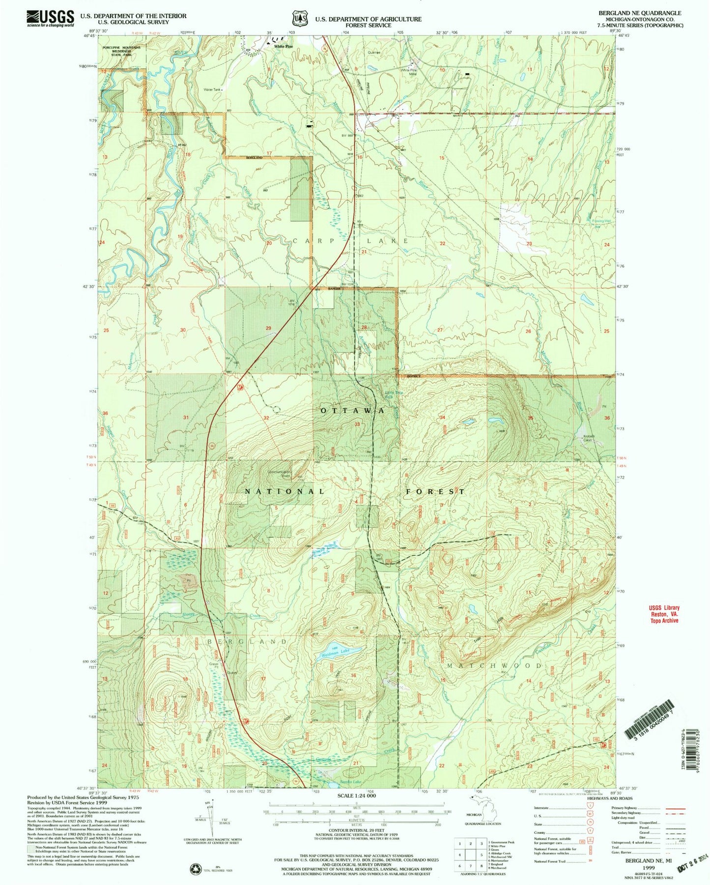 Classic USGS Bergland NE Michigan 7.5'x7.5' Topo Map Image