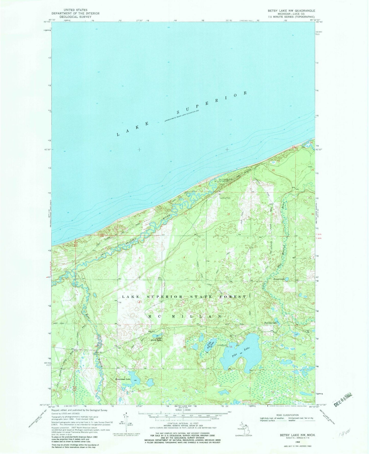 Classic USGS Betsy Lake NW Michigan 7.5'x7.5' Topo Map Image
