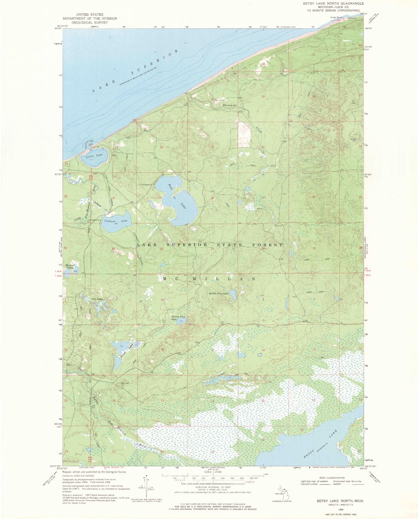 Classic USGS Betsy Lake North Michigan 7.5'x7.5' Topo Map Image