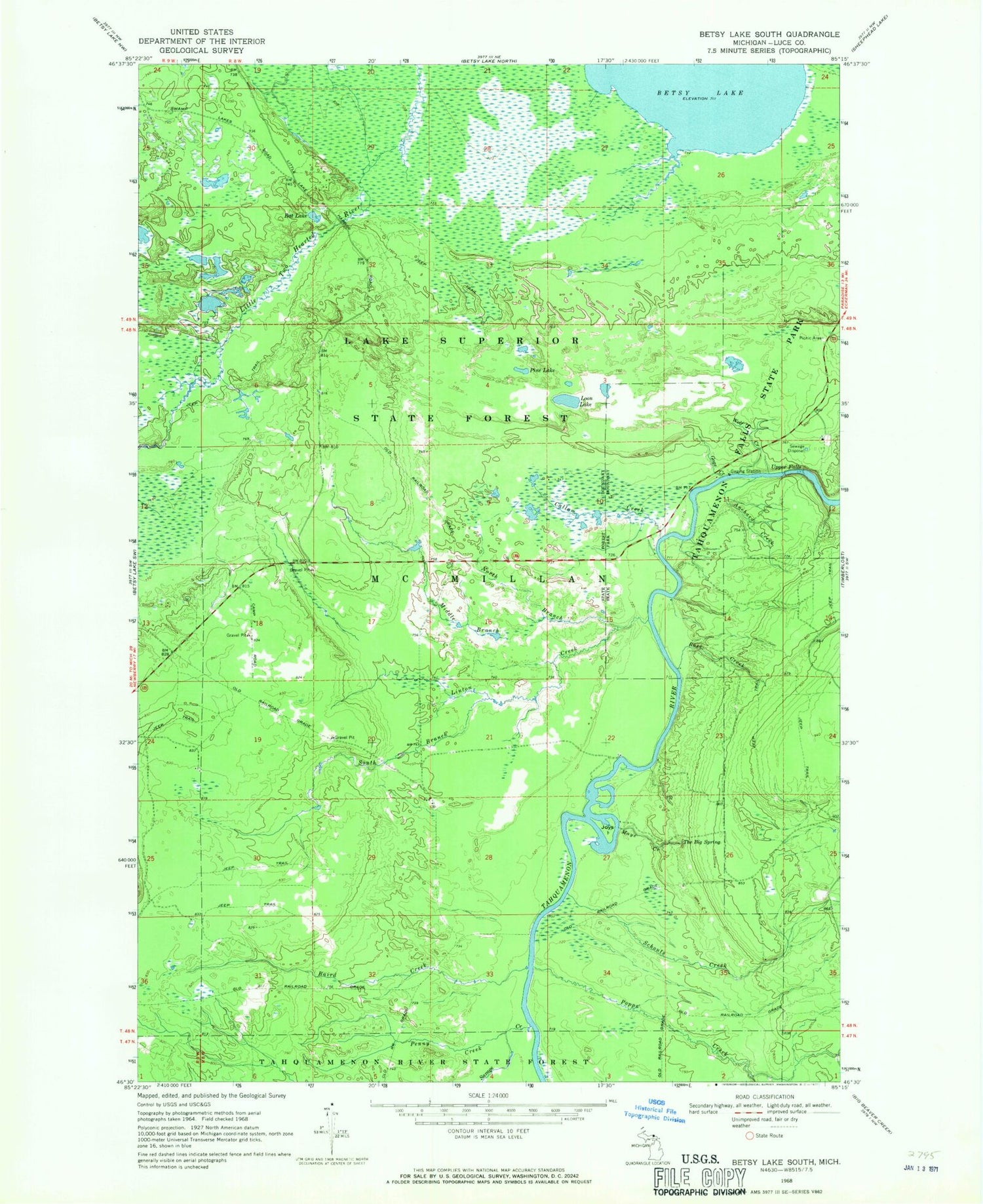 Classic USGS Betsy Lake South Michigan 7.5'x7.5' Topo Map Image