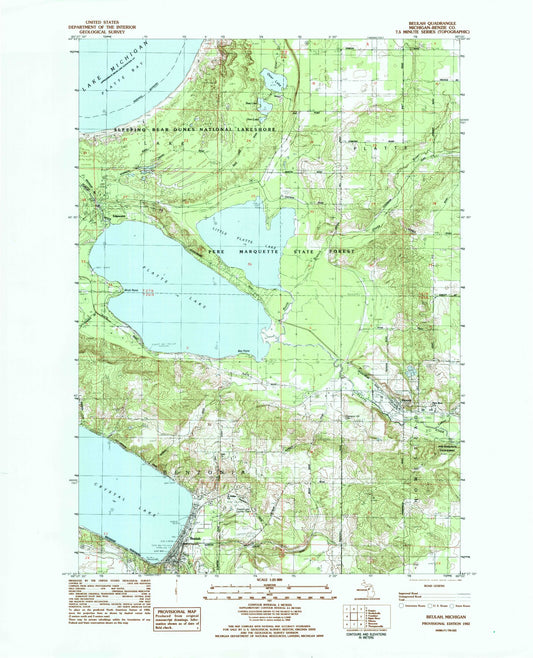 Classic USGS Beulah Michigan 7.5'x7.5' Topo Map Image