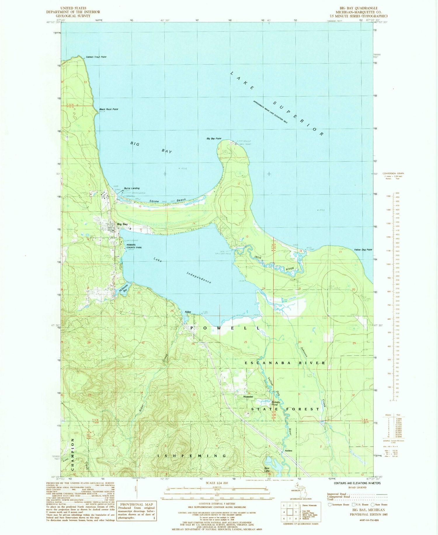 Classic USGS Big Bay Michigan 7.5'x7.5' Topo Map Image