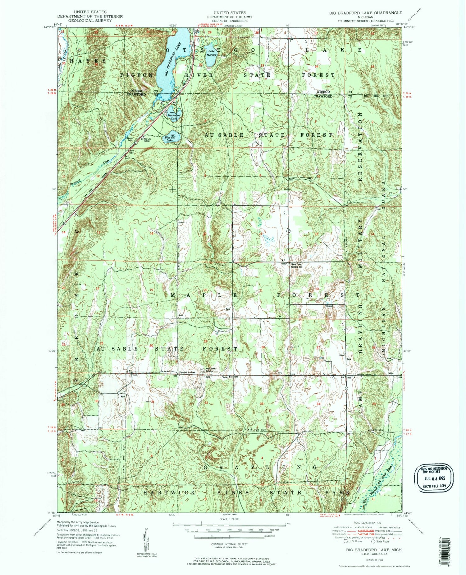 Classic USGS Big Bradford Lake Michigan 7.5'x7.5' Topo Map Image
