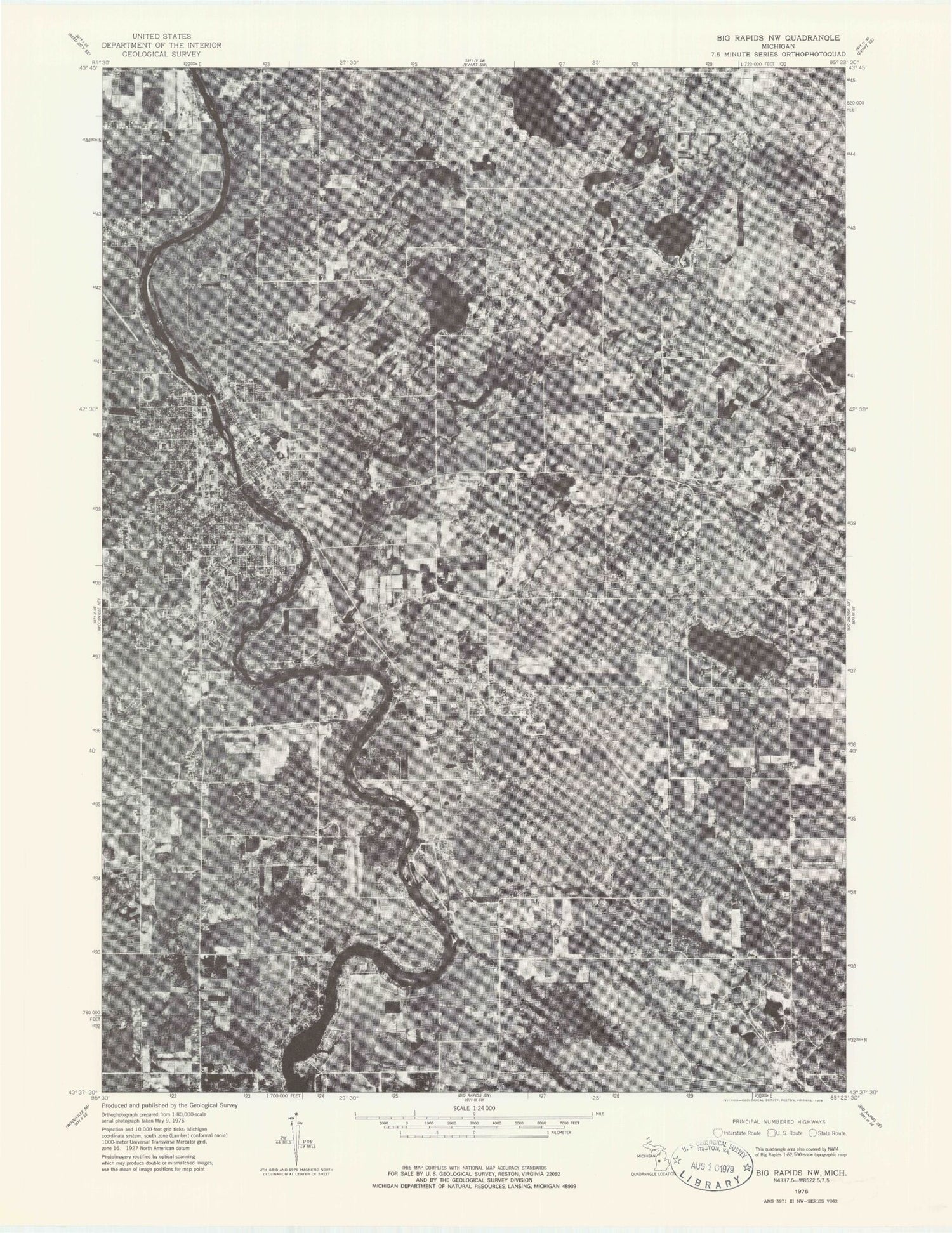 Classic USGS Big Rapids Michigan 7.5'x7.5' Topo Map Image