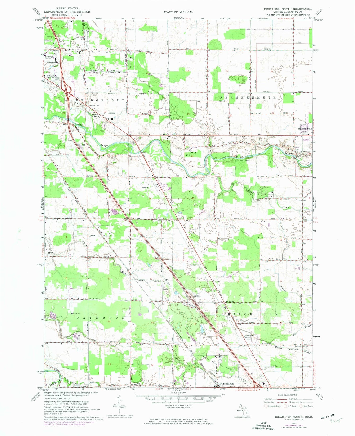 Classic USGS Birch Run North Michigan 7.5'x7.5' Topo Map Image