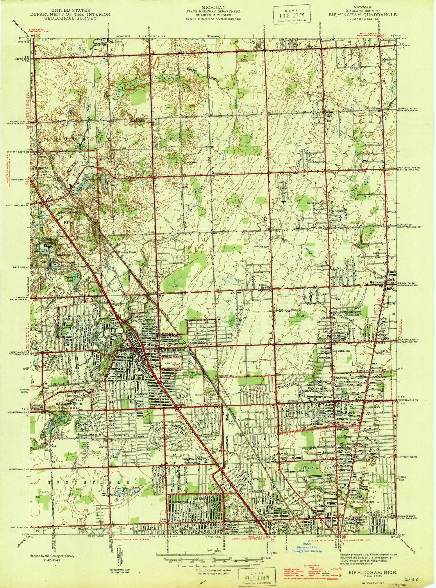 Classic USGS Birmingham Michigan 7.5'x7.5' Topo Map Image