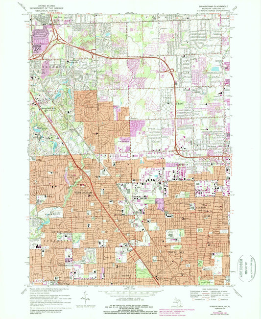 Classic USGS Birmingham Michigan 7.5'x7.5' Topo Map Image