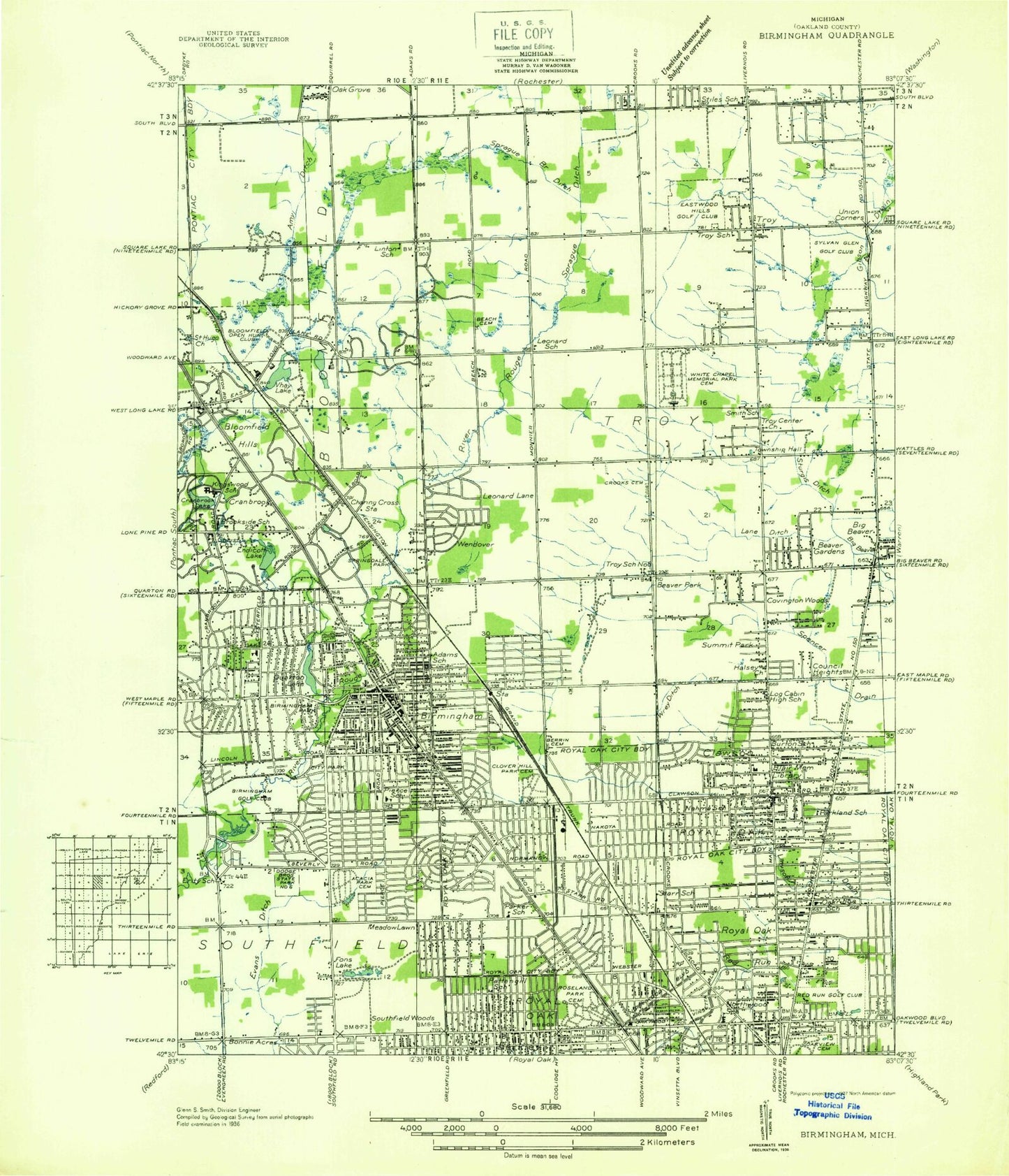 Classic USGS Birmingham Michigan 7.5'x7.5' Topo Map Image