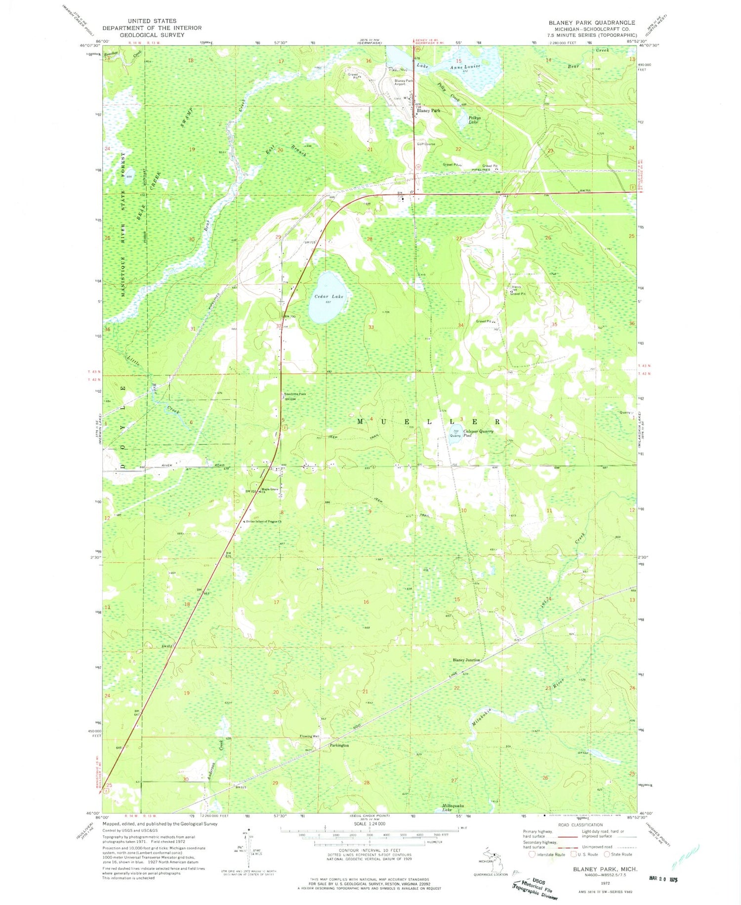 Classic USGS Blaney Park Michigan 7.5'x7.5' Topo Map Image