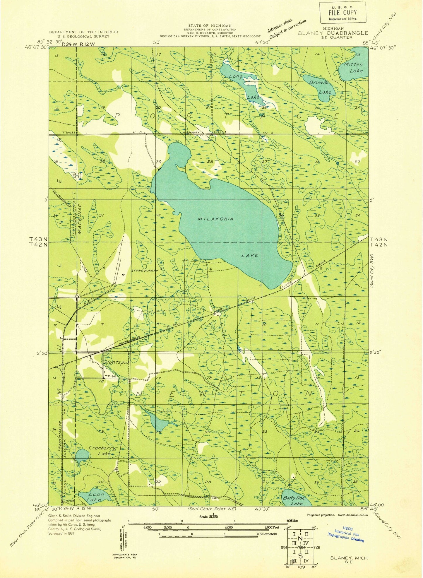 Classic USGS Milakokia Lake Michigan 7.5'x7.5' Topo Map Image