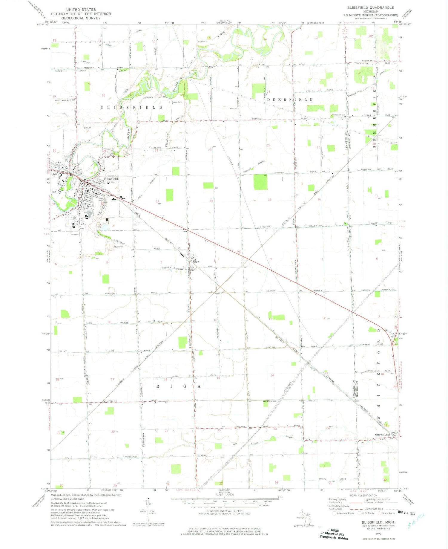Classic USGS Blissfield Michigan 7.5'x7.5' Topo Map Image