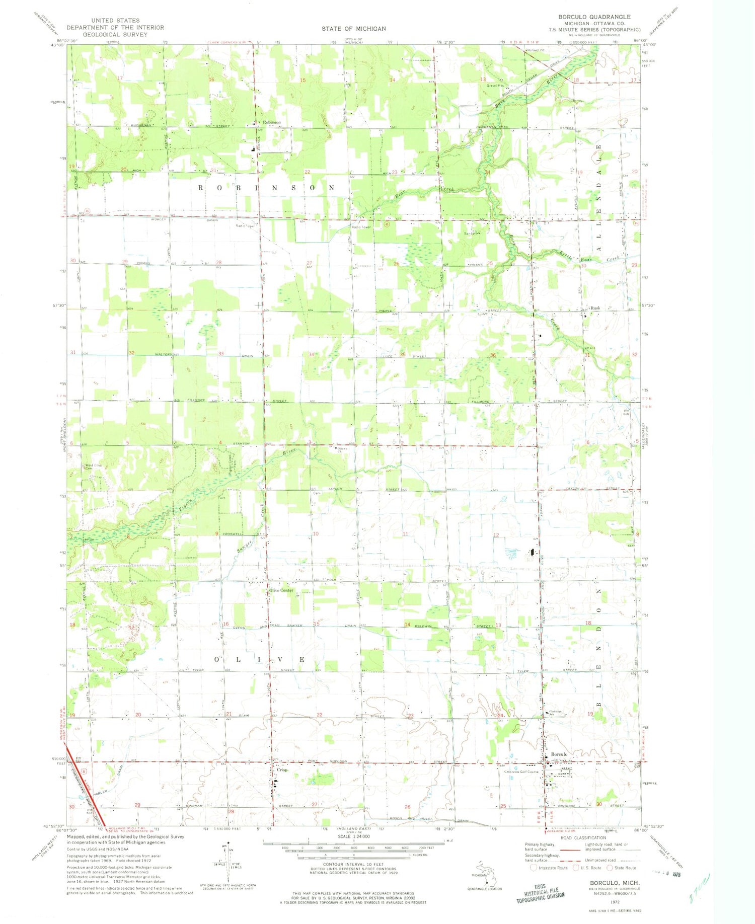 Classic USGS Borculo Michigan 7.5'x7.5' Topo Map Image