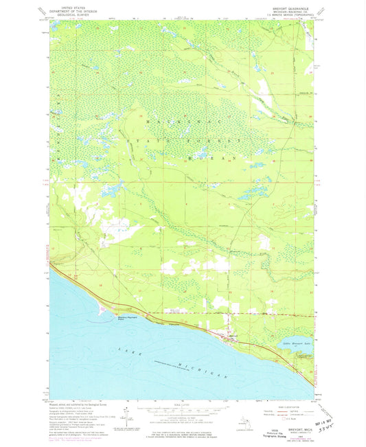 Classic USGS Brevort Michigan 7.5'x7.5' Topo Map Image