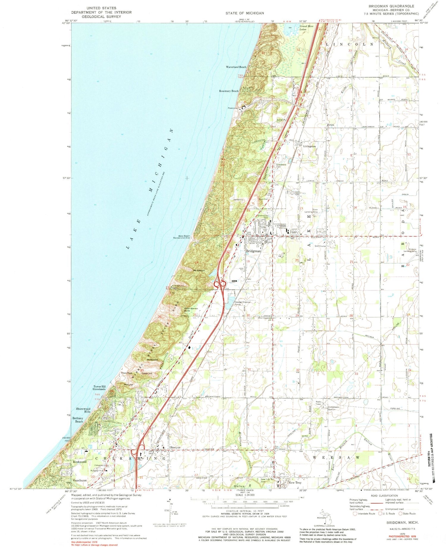 Classic USGS Bridgman Michigan 7.5'x7.5' Topo Map Image