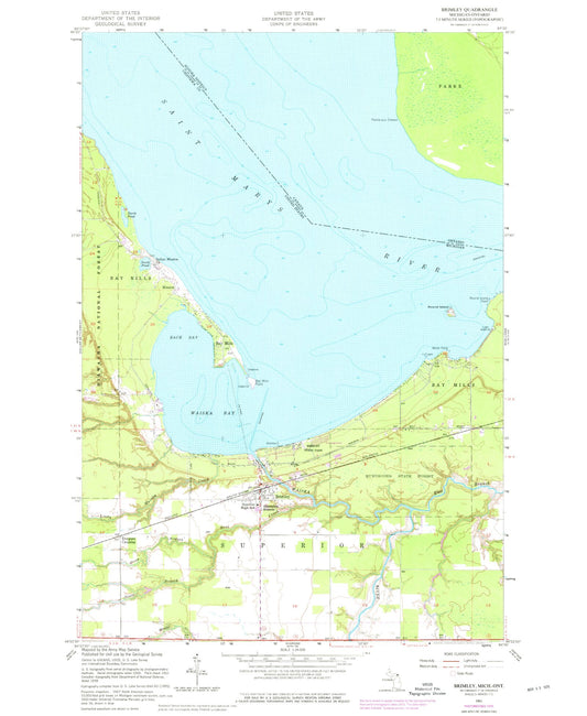 Classic USGS Brimley Michigan 7.5'x7.5' Topo Map Image