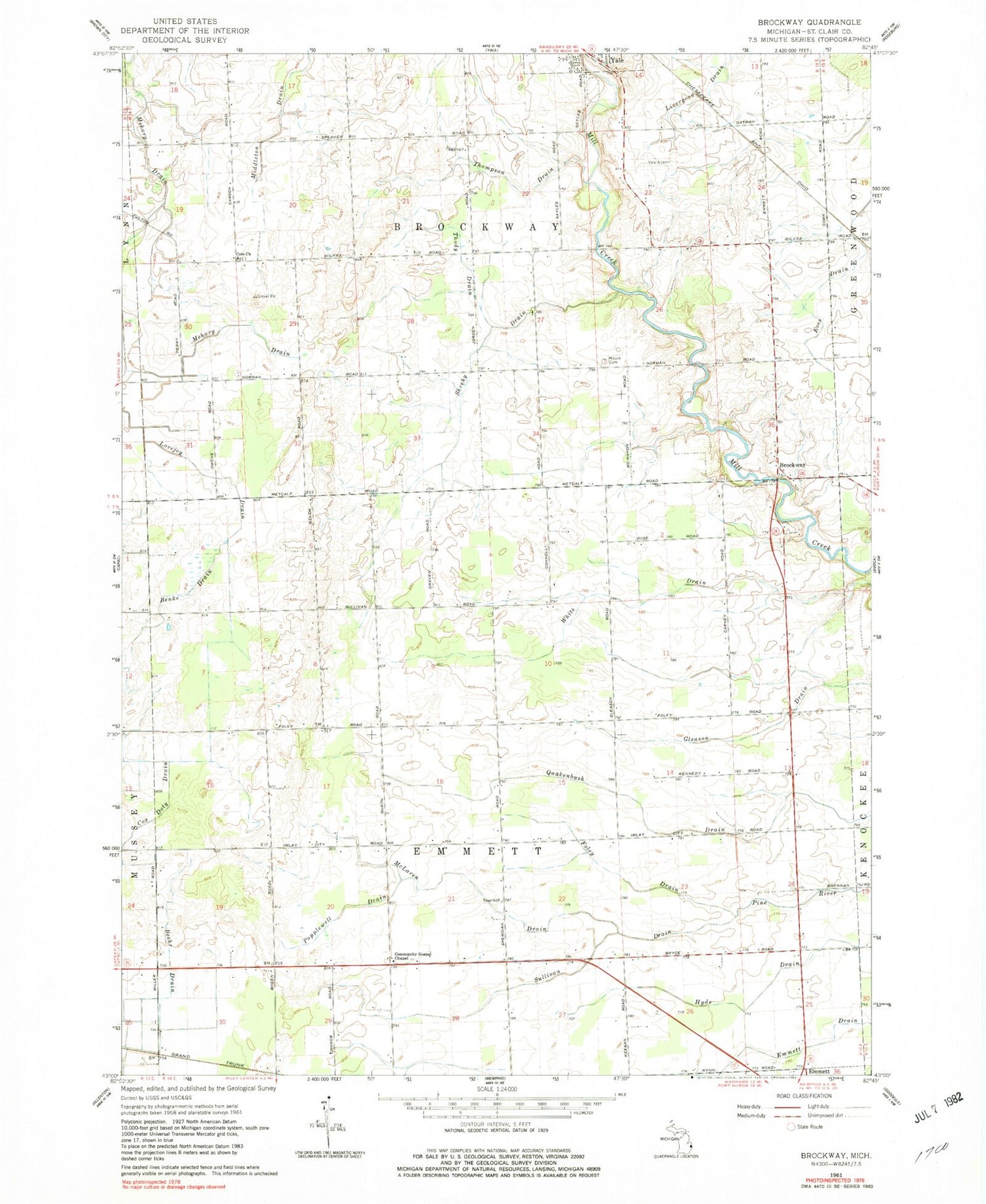 Classic USGS Brockway Michigan 7.5'x7.5' Topo Map Image