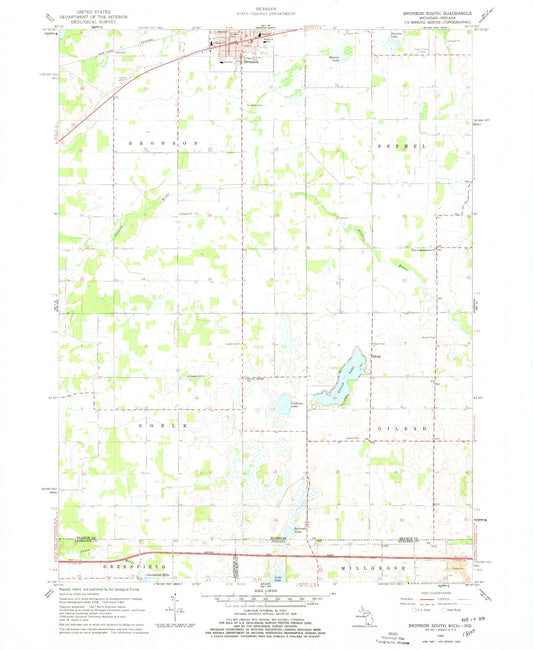 Classic USGS Bronson South Michigan 7.5'x7.5' Topo Map Image