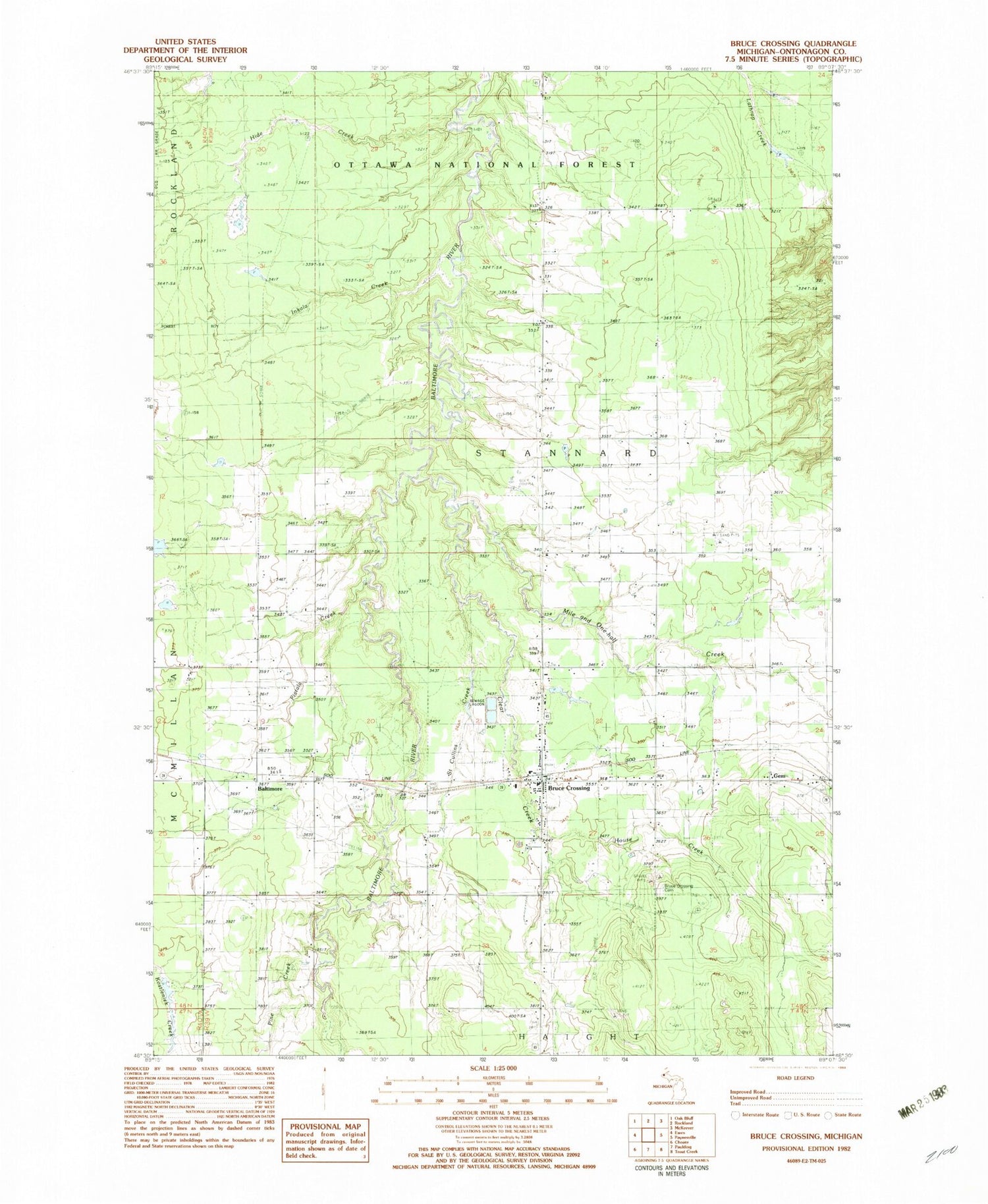 Classic USGS Bruce Crossing Michigan 7.5'x7.5' Topo Map Image