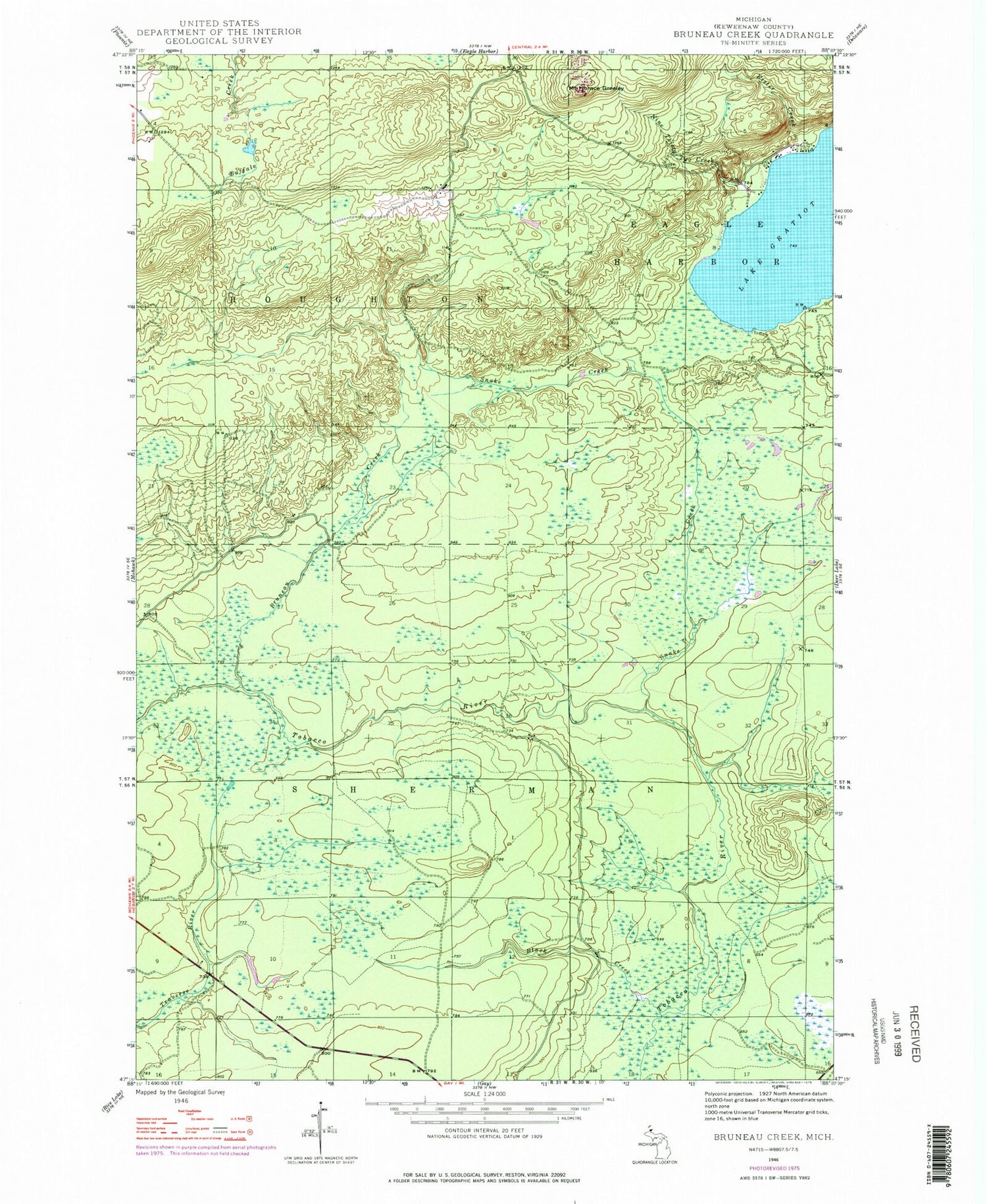 Classic USGS Bruneau Creek Michigan 7.5'x7.5' Topo Map Image