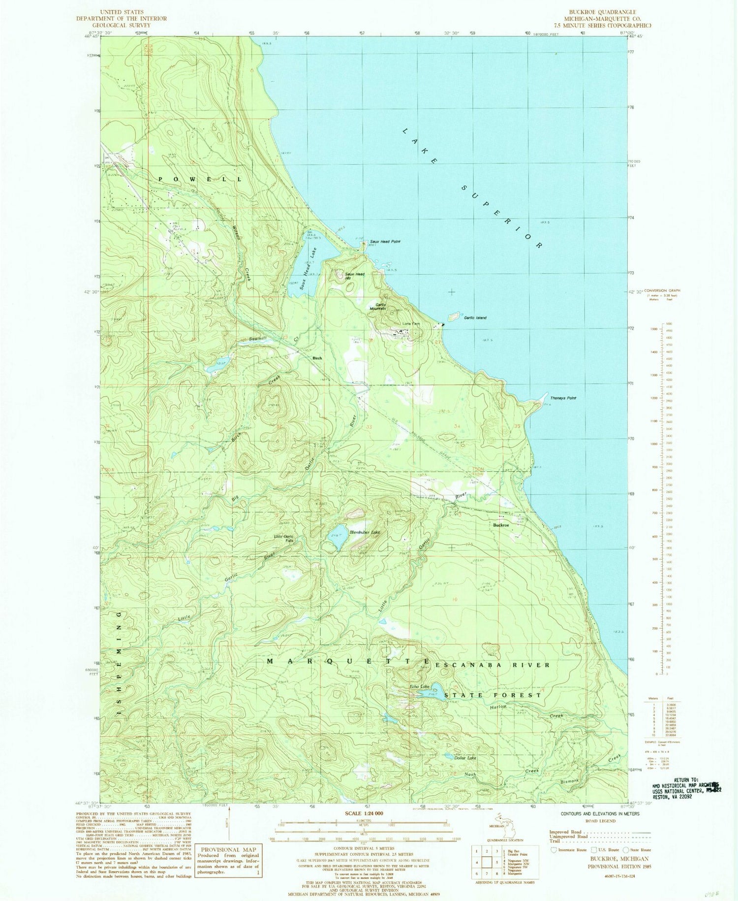 Classic USGS Buckroe Michigan 7.5'x7.5' Topo Map Image
