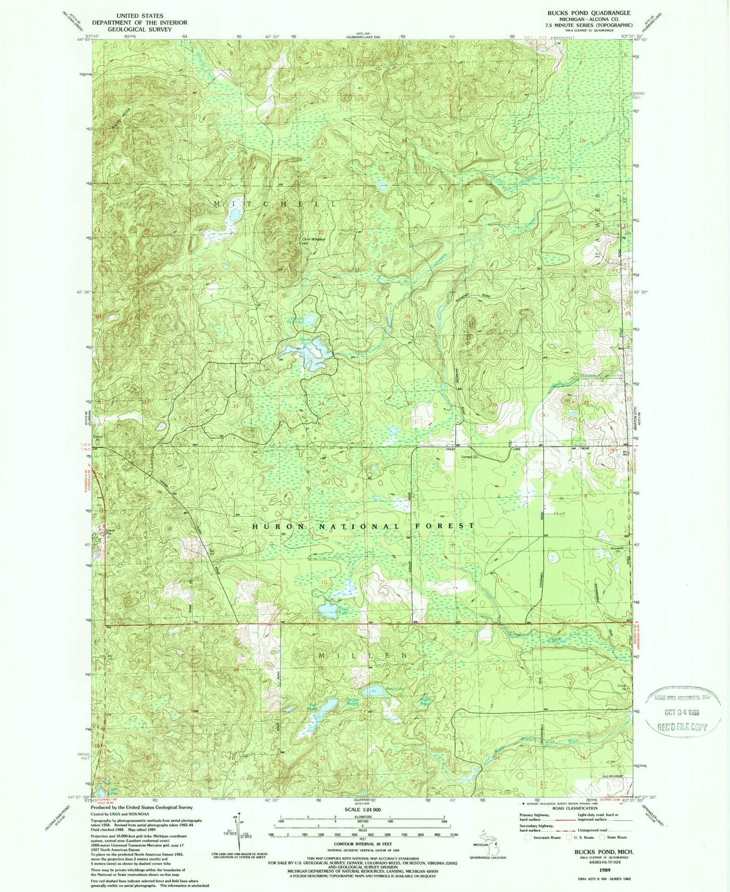 Classic USGS Bucks Pond Michigan 7.5'x7.5' Topo Map Image
