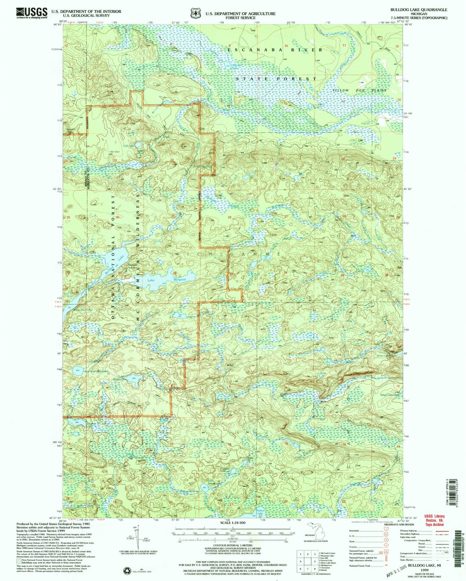 USGS Classic Bulldog Lake Michigan 7.5'x7.5' Topo Map Image