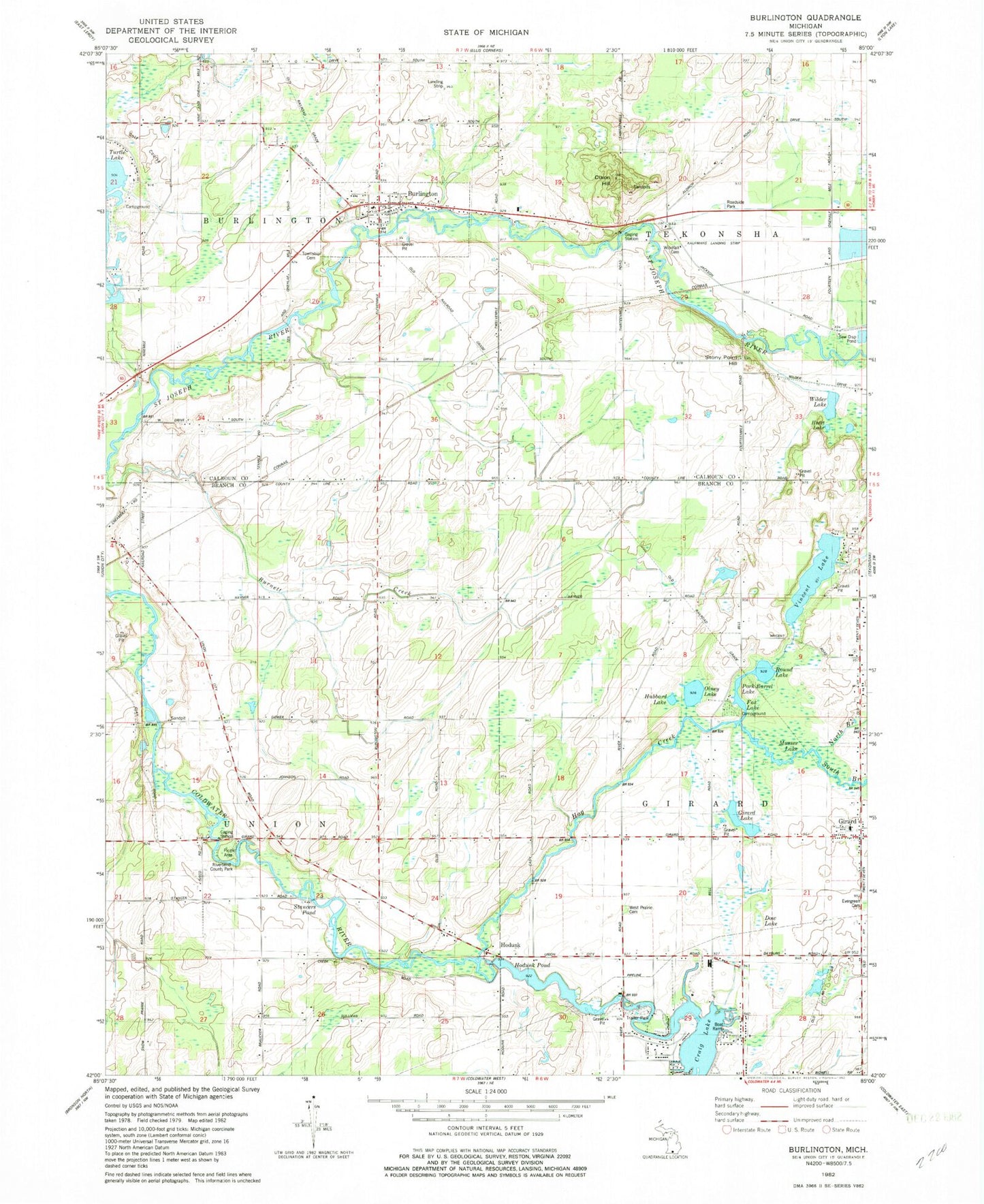 Classic USGS Burlington Michigan 7.5'x7.5' Topo Map Image