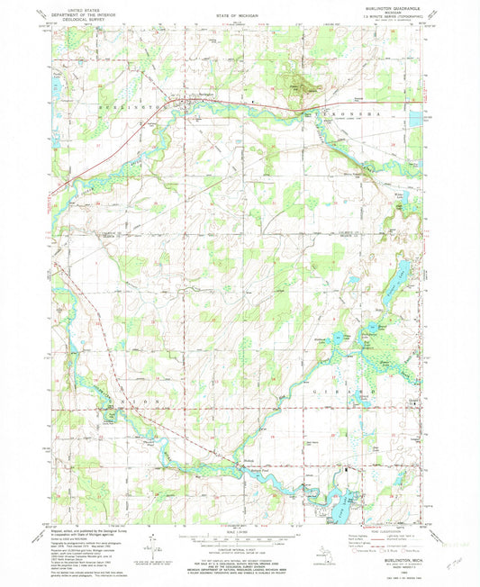Classic USGS Burlington Michigan 7.5'x7.5' Topo Map Image