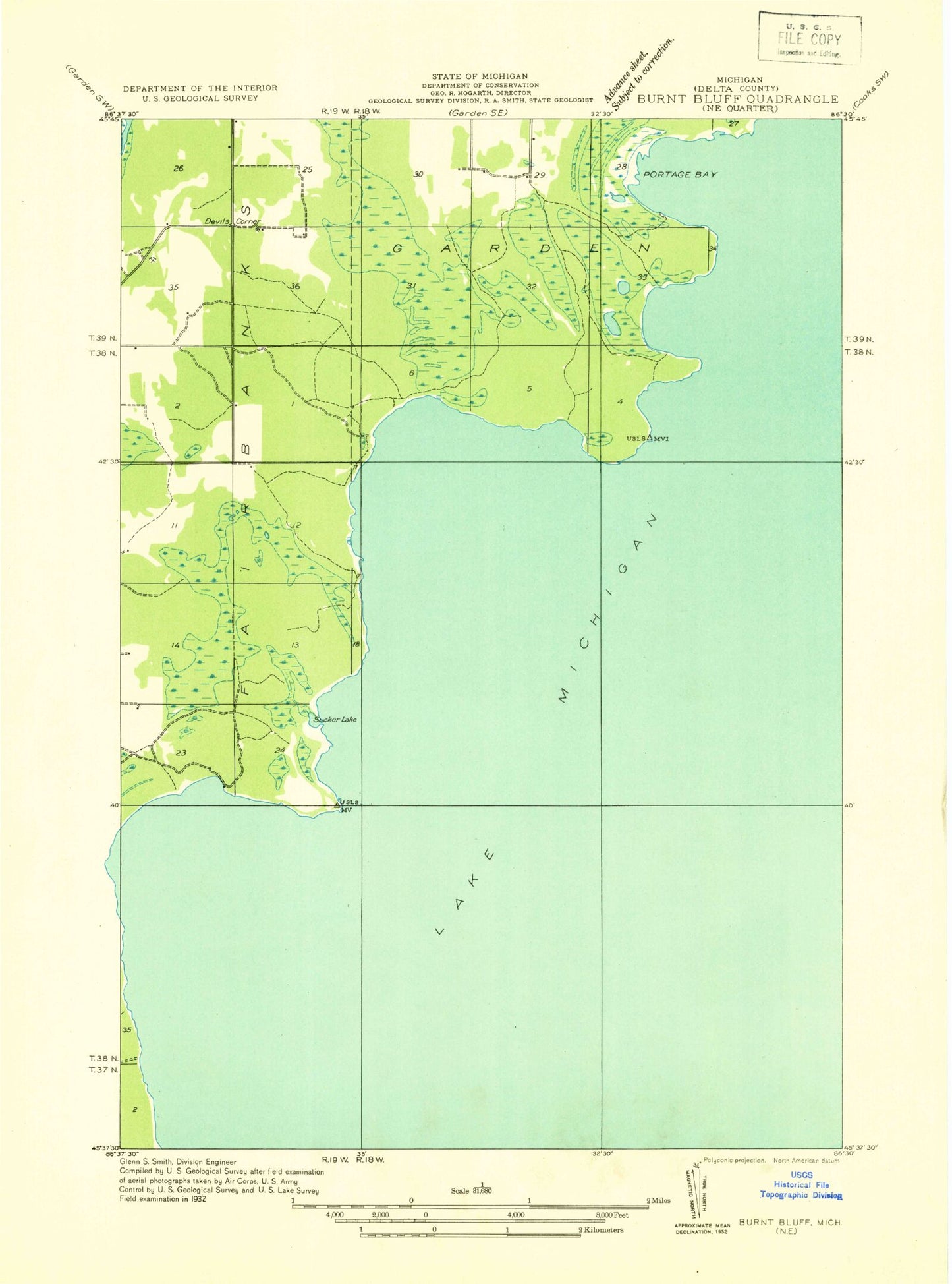 Classic USGS Devils Corner Michigan 7.5'x7.5' Topo Map Image