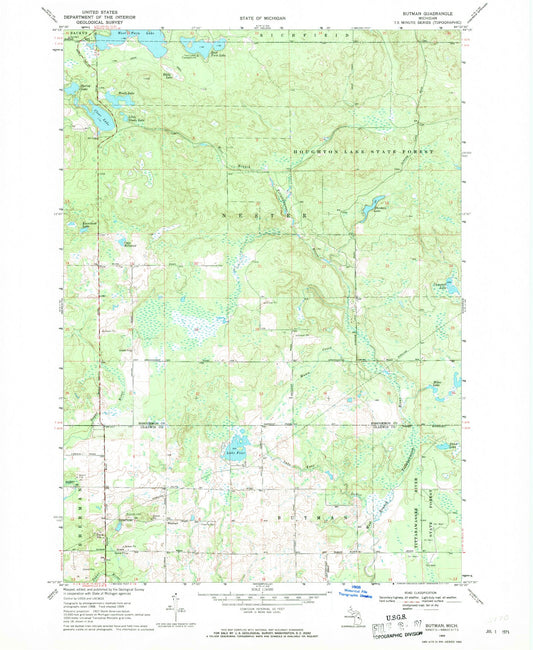 Classic USGS Butman Michigan 7.5'x7.5' Topo Map Image