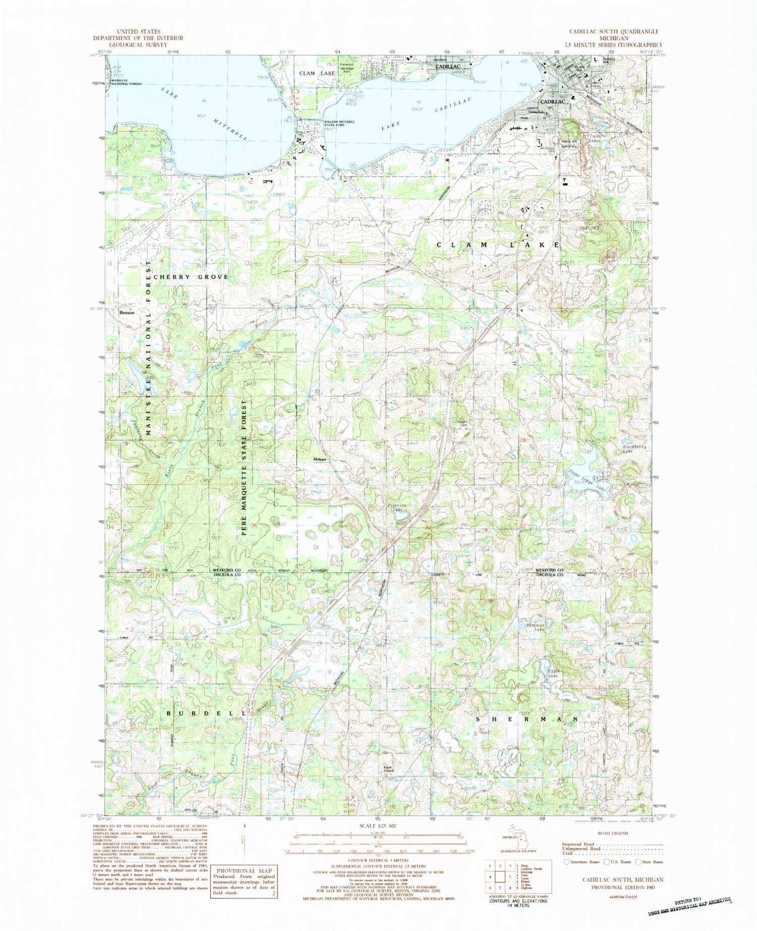 Classic USGS Cadillac South Michigan 7.5'x7.5' Topo Map Image