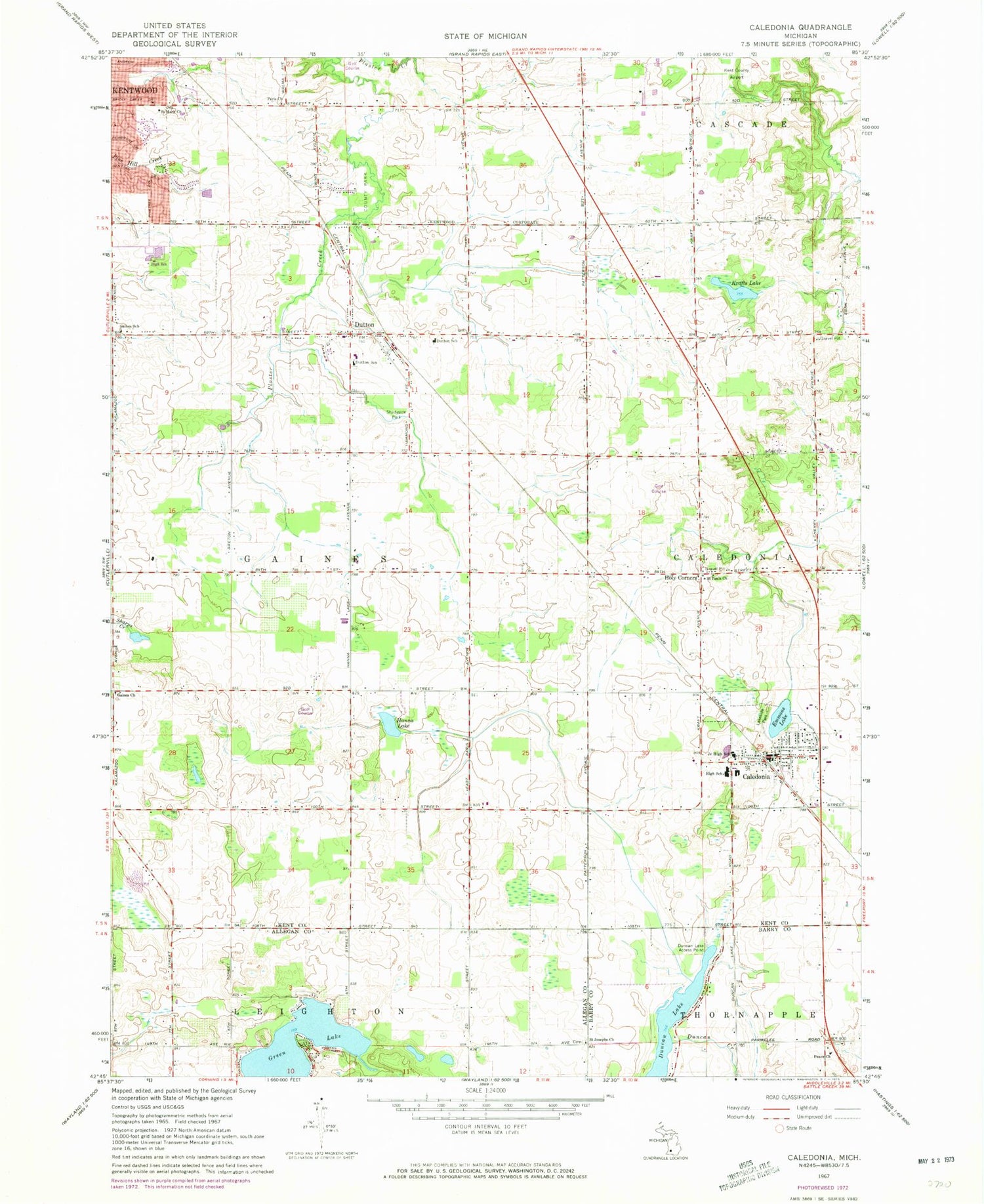 Classic USGS Caledonia Michigan 7.5'x7.5' Topo Map Image