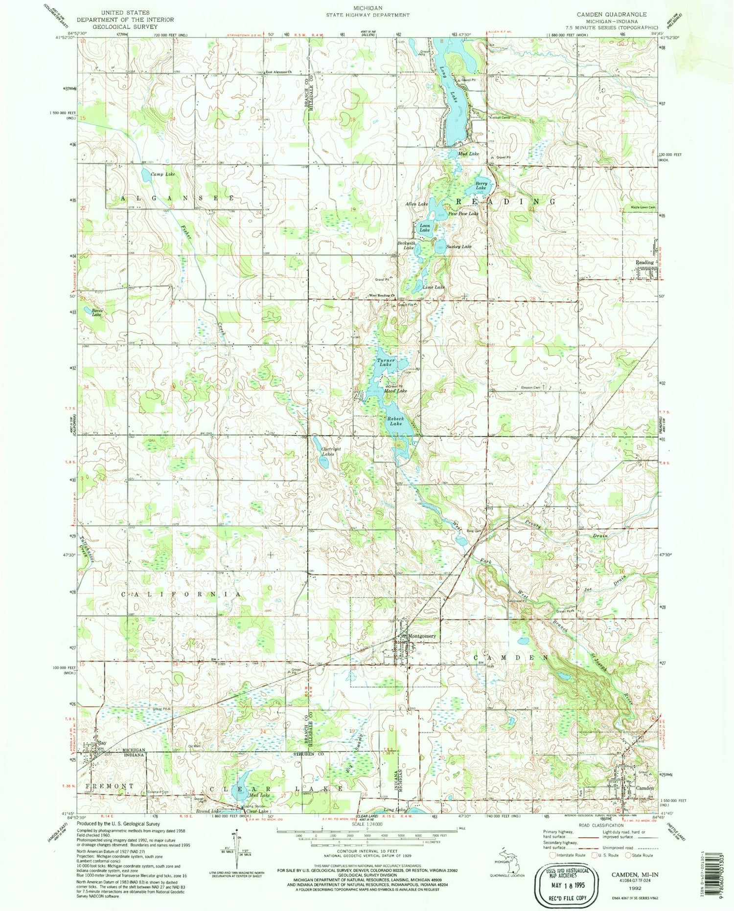 Classic USGS Camden Michigan 7.5'x7.5' Topo Map Image