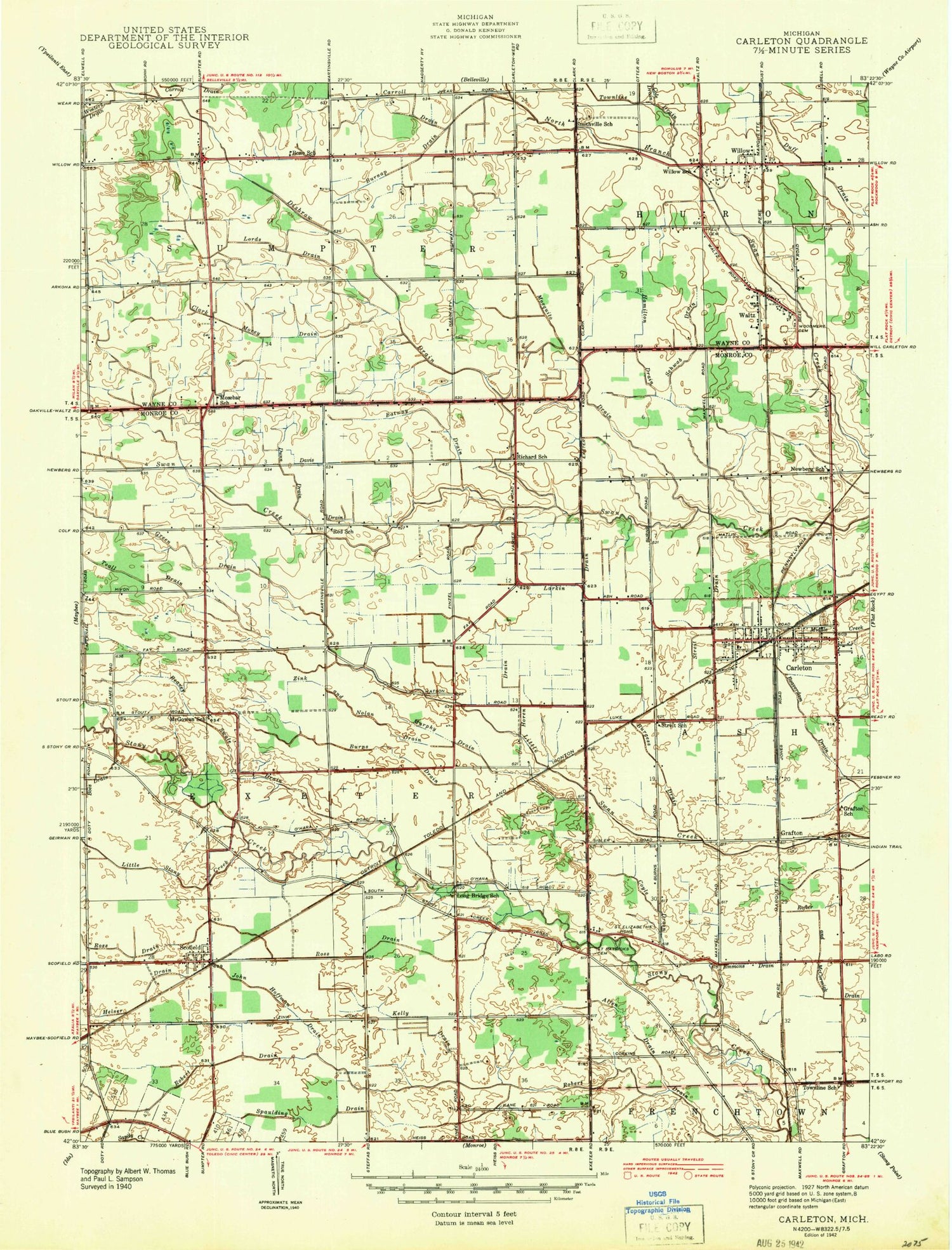Classic USGS Carleton Michigan 7.5'x7.5' Topo Map Image