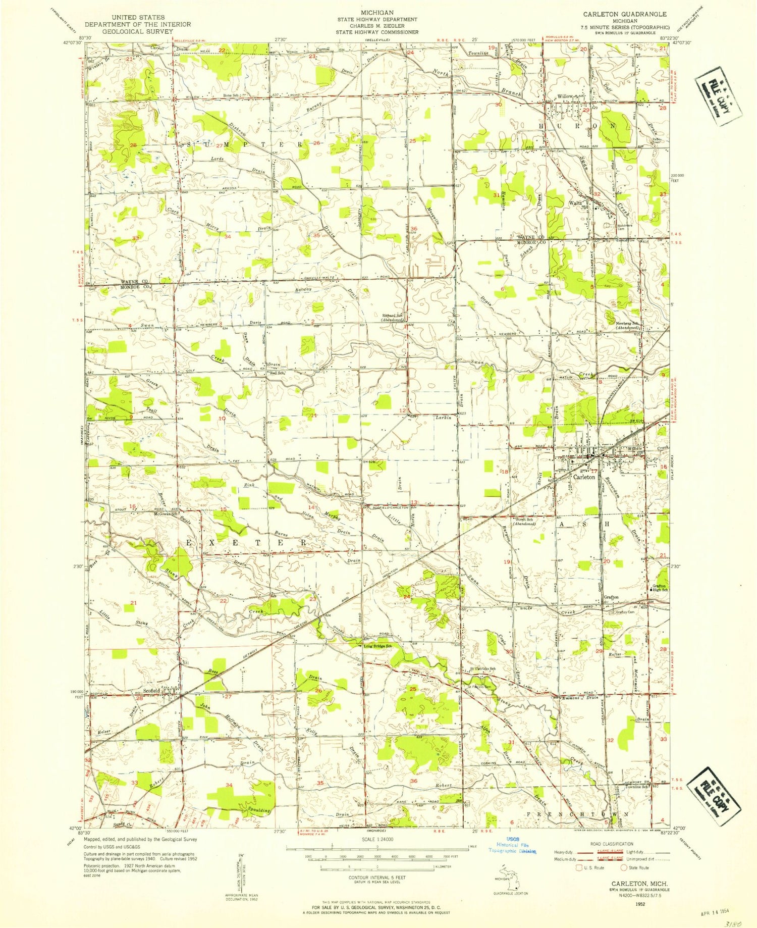 Classic USGS Carleton Michigan 7.5'x7.5' Topo Map Image