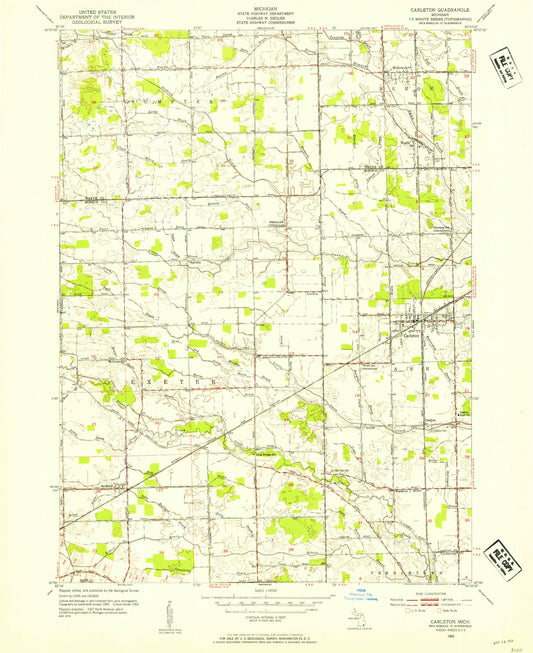 Classic USGS Carleton Michigan 7.5'x7.5' Topo Map Image
