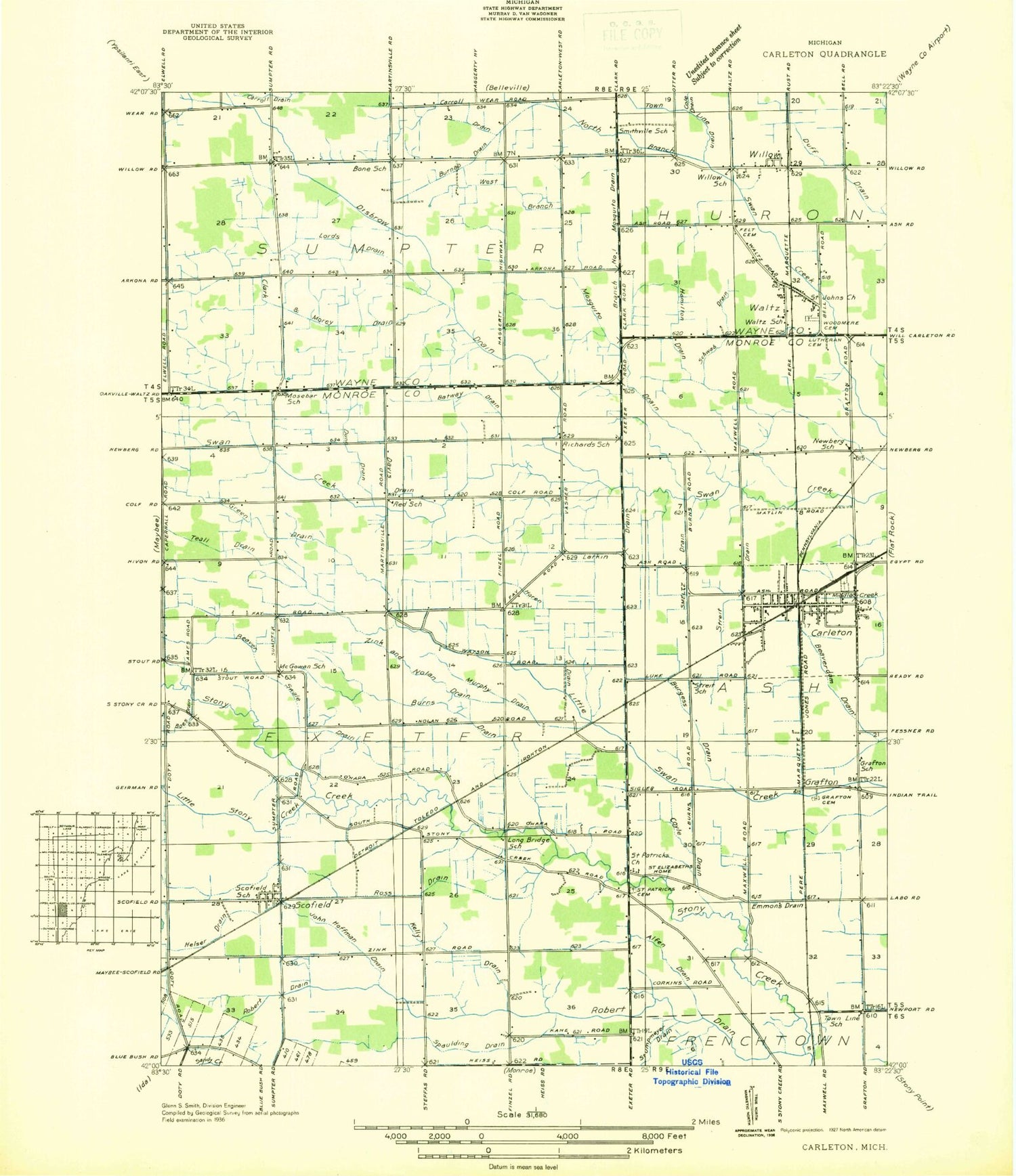 Classic USGS Carleton Michigan 7.5'x7.5' Topo Map Image