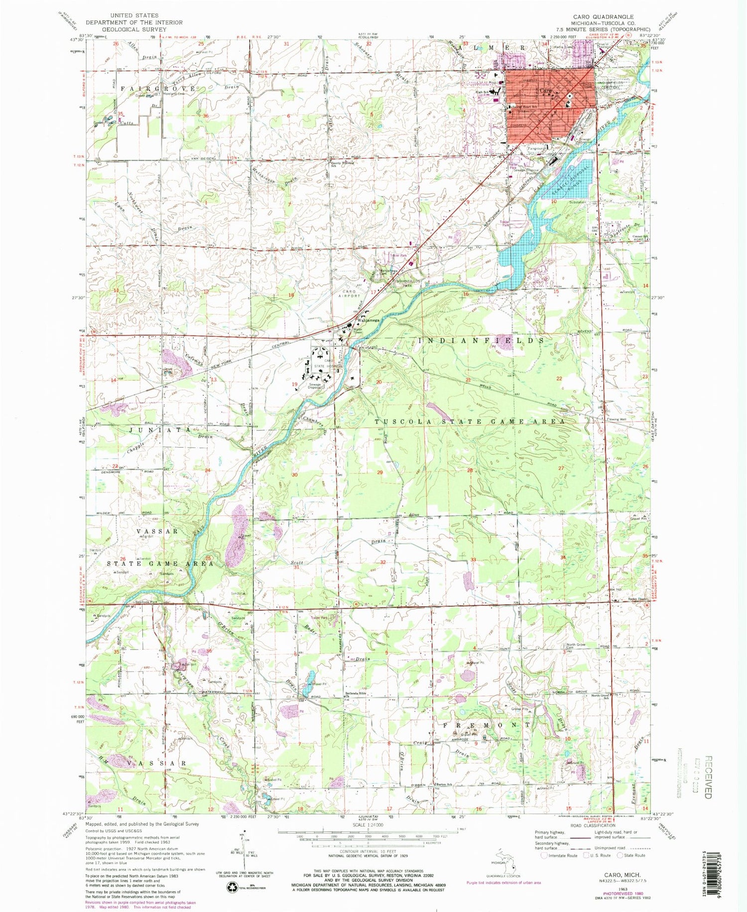 Classic USGS Caro Michigan 7.5'x7.5' Topo Map Image