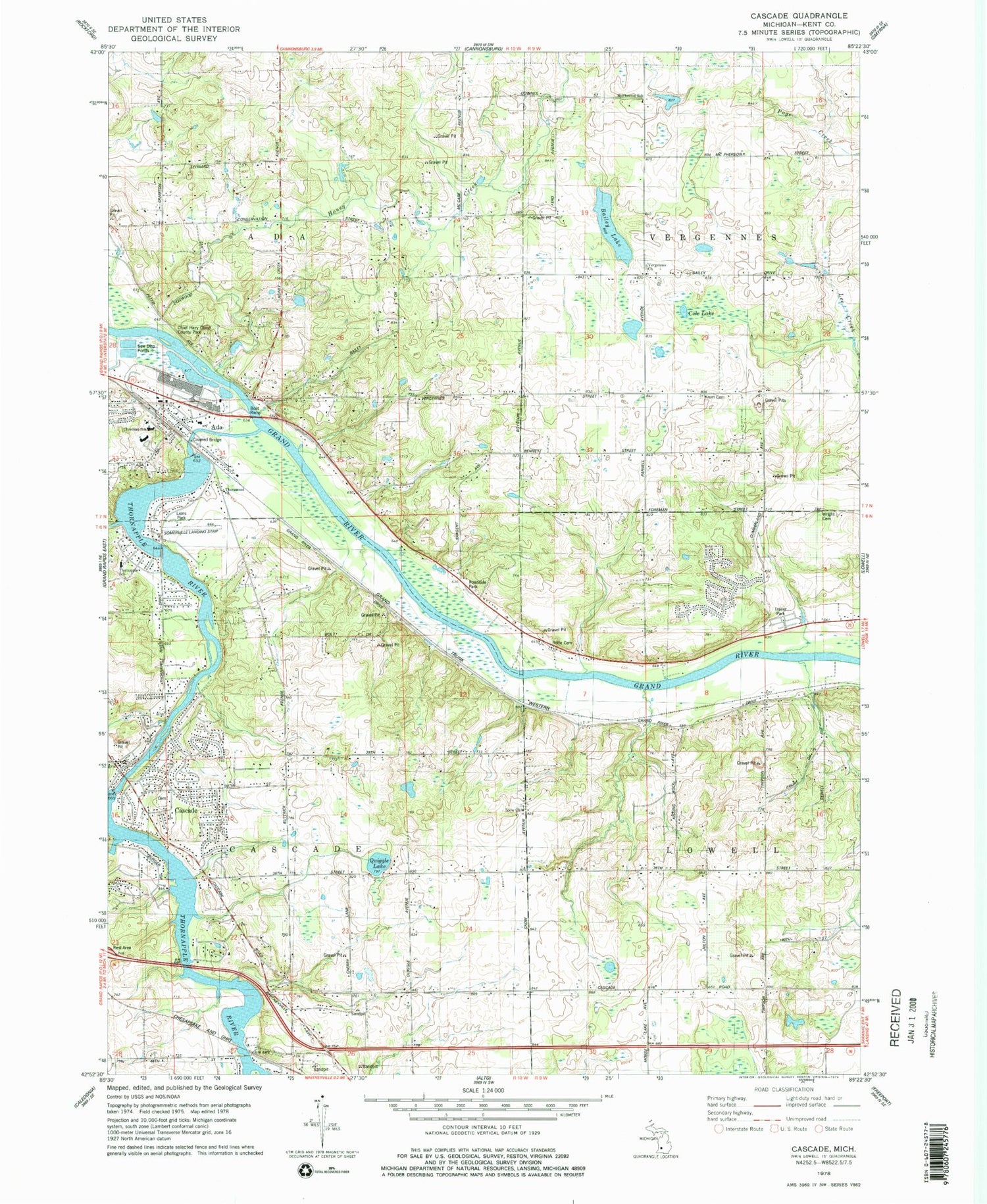 Classic USGS Cascade Michigan 7.5'x7.5' Topo Map Image