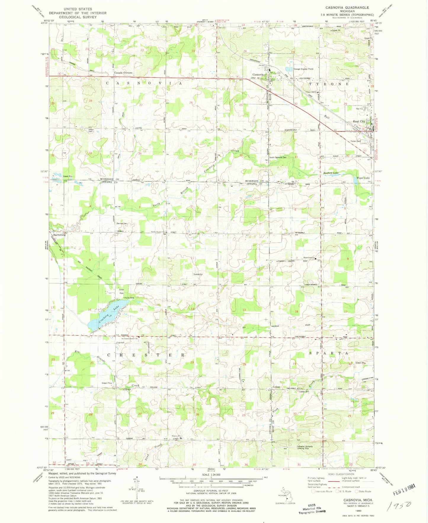 Classic USGS Casnovia Michigan 7.5'x7.5' Topo Map Image