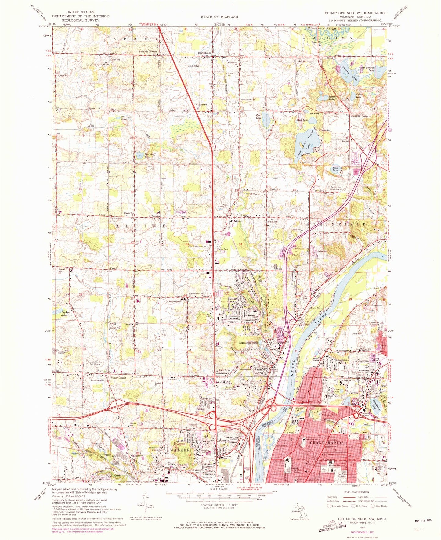 Classic USGS Cedar Springs SW Michigan 7.5'x7.5' Topo Map Image