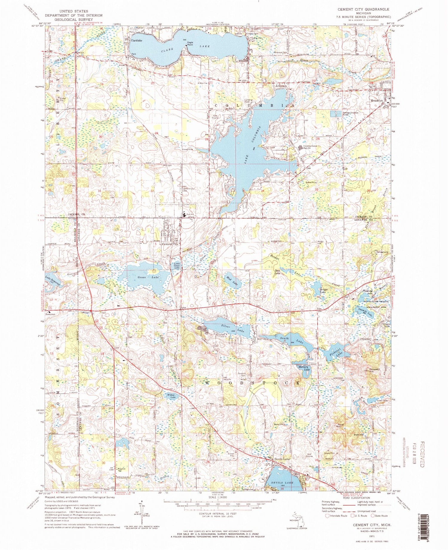 Classic USGS Cement City Michigan 7.5'x7.5' Topo Map Image