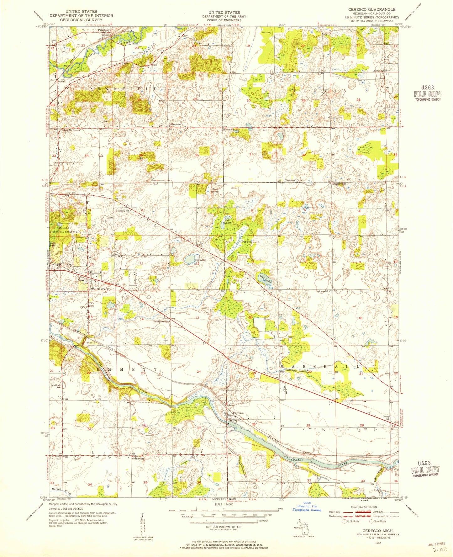 Classic USGS Ceresco Michigan 7.5'x7.5' Topo Map Image
