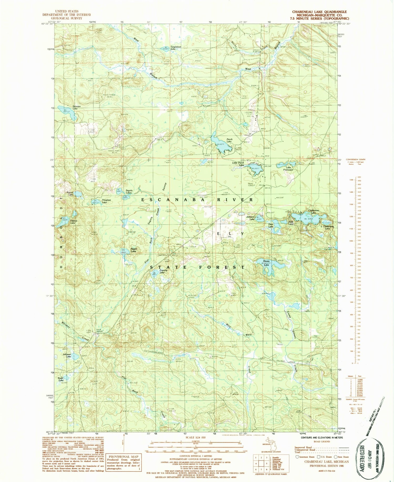 Classic USGS Chabeneau Lake Michigan 7.5'x7.5' Topo Map Image