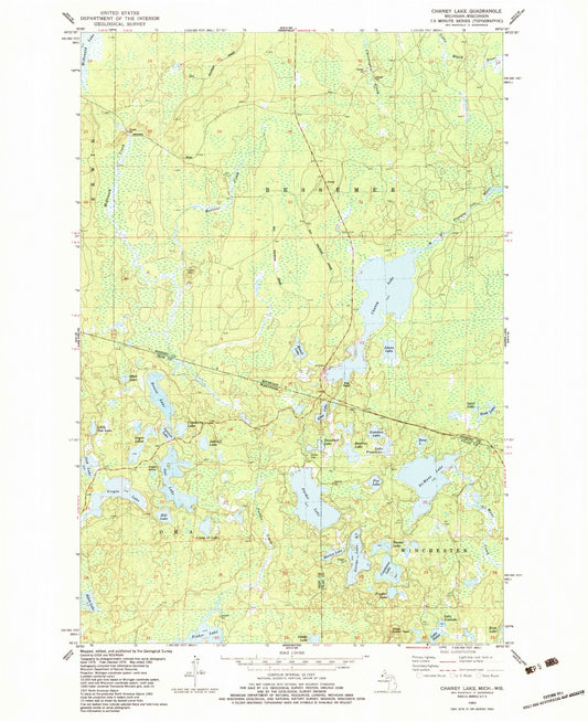 Classic USGS Chaney Lake Michigan 7.5'x7.5' Topo Map Image