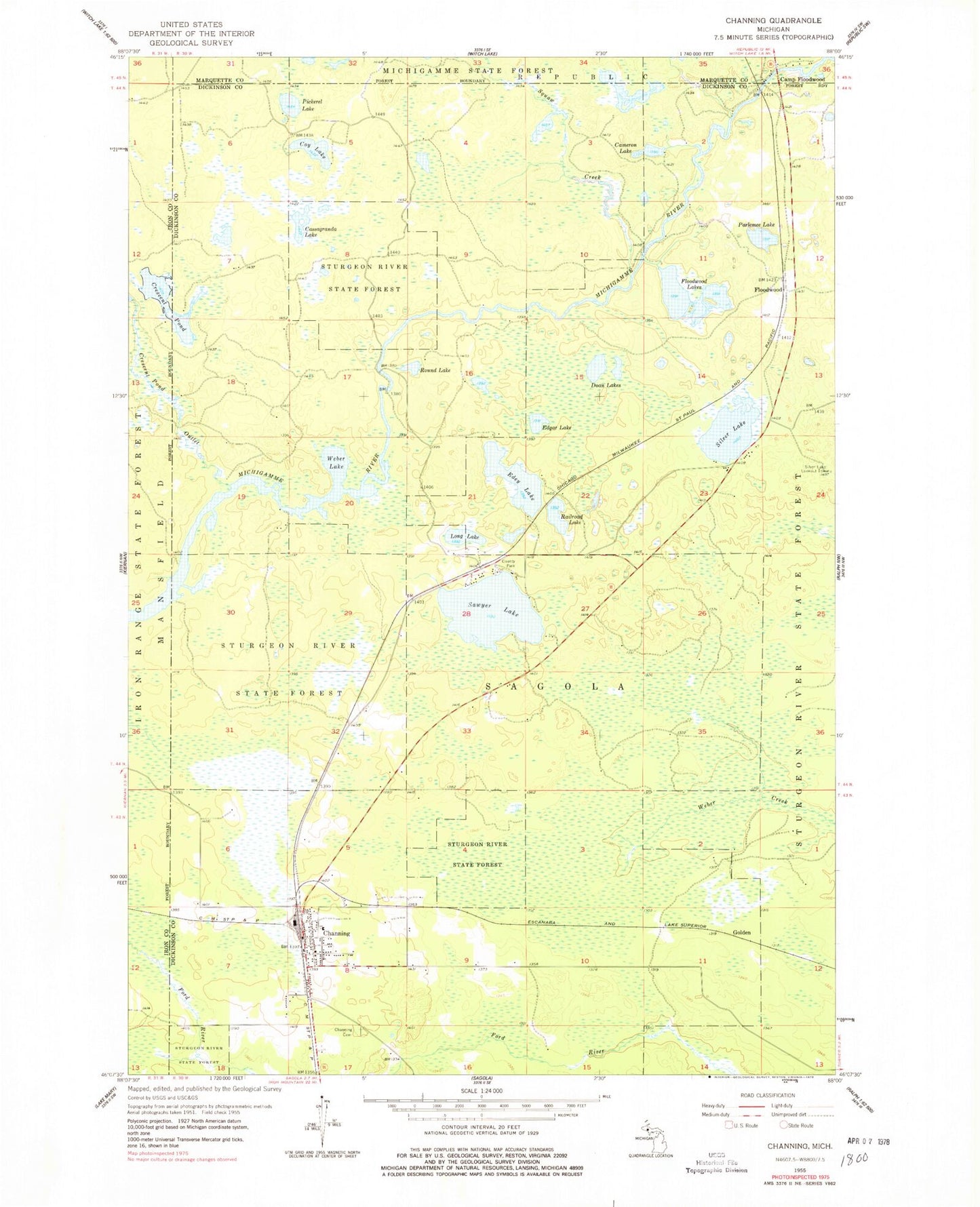 Classic USGS Channing Michigan 7.5'x7.5' Topo Map Image